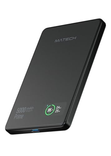 MATECH Qi2 マグセーフ 超薄型 小型 軽量(薄さ8.7mm, 5000mAh)【MagSafe対応マグネット式最大出力15W ワイヤレス/タイプC PD22W/iPhone12~16対応】(MagOn Prime 5000 ブラック)yu