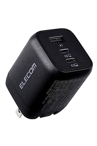 エレコム(ELECOM) 充電器 Type-C 3ポート USB-C×2 USB-A×1 65W USB PD対応 PPS対応 折りたたみ式プラグ GaN採用 【 iPhone16 iPad Macbook Air Windows PC など対応】 ブラッyu