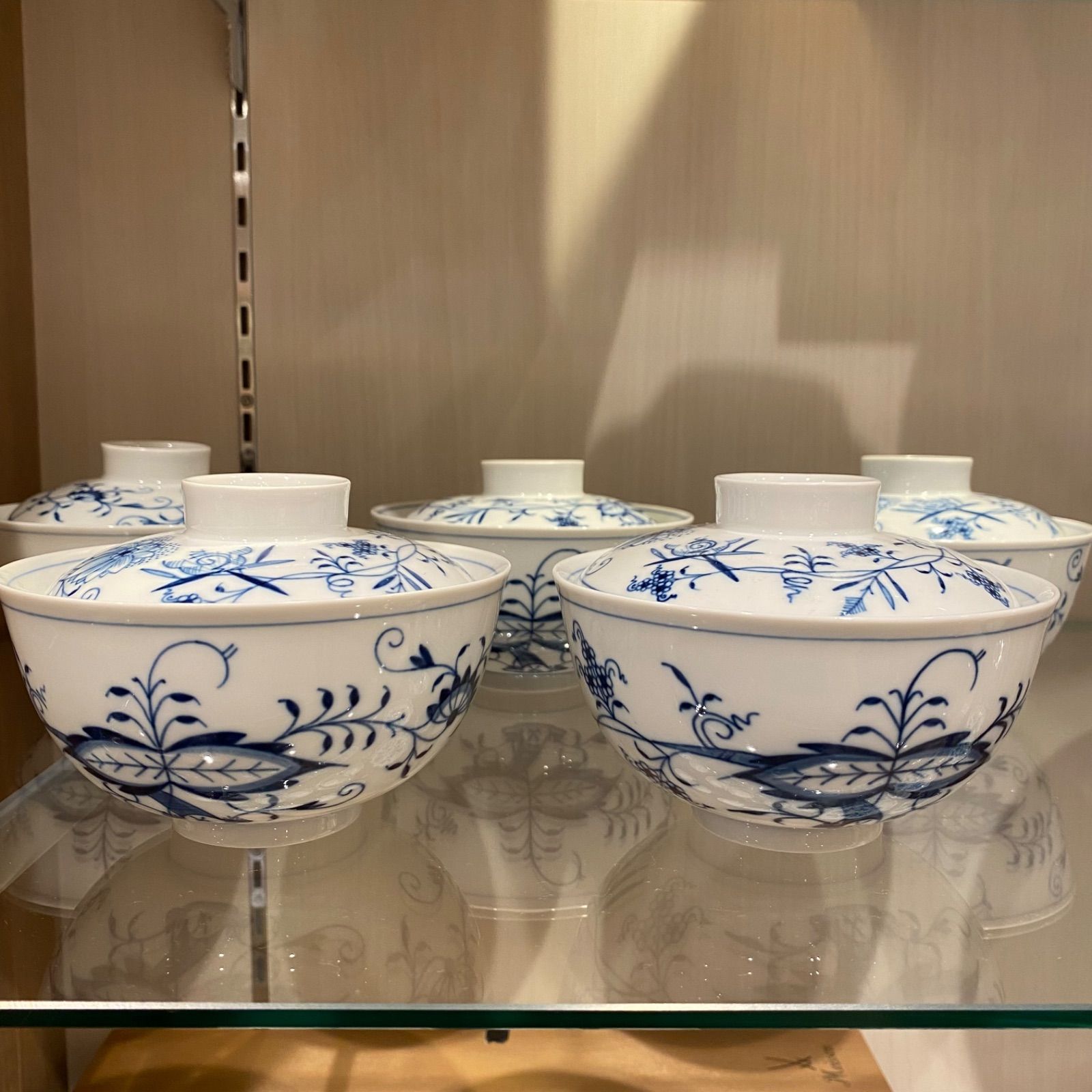 激レア　マイセン　ブルーオニオン　蓋茶碗　5客セット　中　木箱付　幅約12㎝　新F8-0714☆