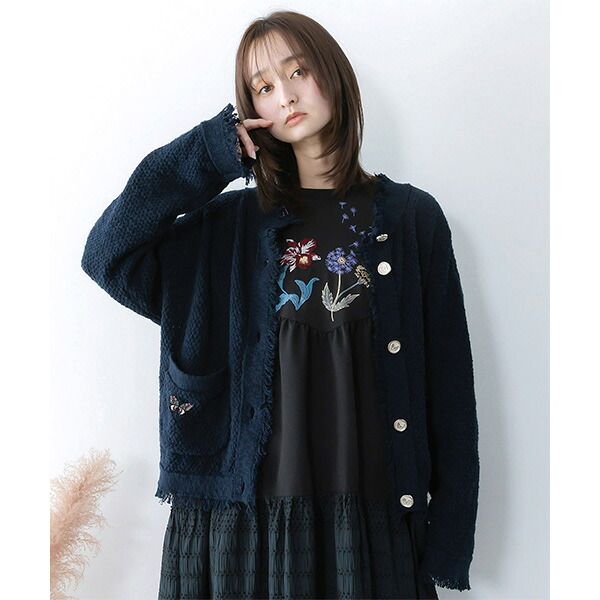 【新品】 スカラー ScoLar 蝶刺繍×蝶ボタン付きニットカーディガン 561219 カーディガン ニット 長袖 羽織り レディース 前開き かわいい おしゃれ ゆったり オーバーサイズ ボタン付き 刺繍 ネ ワンサイズ [SCO-88]