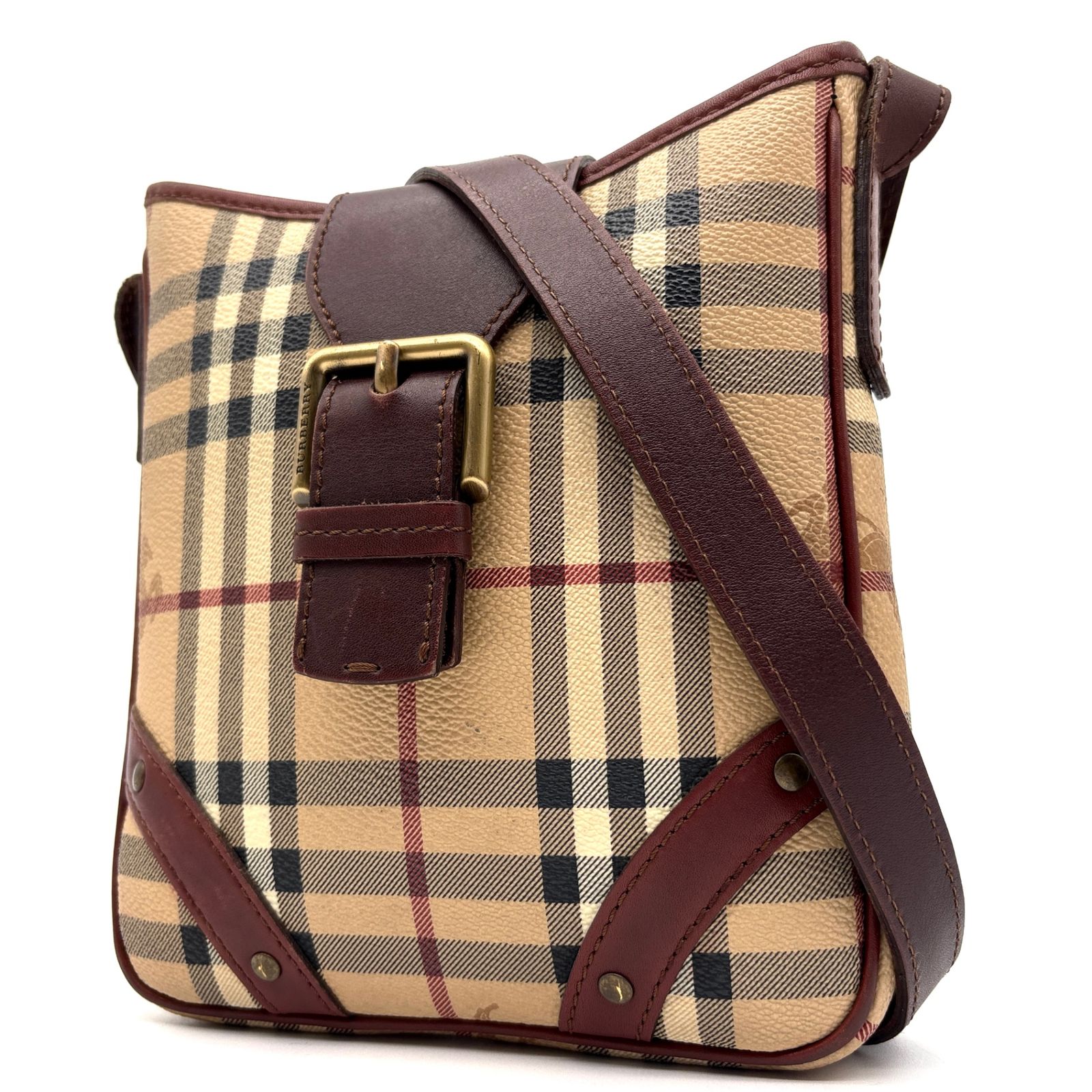 美品 バーバリー Burberry ノバチェック シャドーホース ショルダーバッグ クロスボディ ポシェット PVC レザー 本革 ベージュ ブラウン 夏休み 帰省 お盆 敬老の日 シルバーウィーク 秋 ギフト ご褒美 レディース