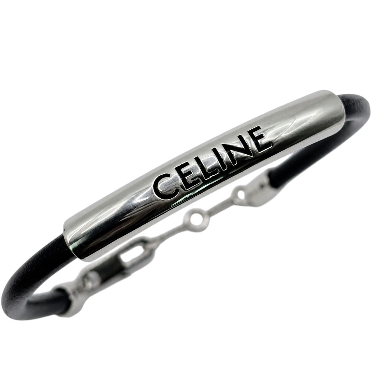 【美品】CELINE セリーヌ ロゴ プラン ソレイユ レザー カーフスキン ロジウムフィニッシュ ブラス コード ブレスレット ブラック 黒 シルバー バングル コレクション アクセサリー レディース メンズ ユニセックス【送料無料】 27,170円