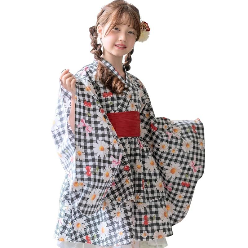 [キャサリンコテージ]キッズ 女の子 ファスナーで楽々！着崩れしないワンピース浴衣ドレス CC0971 150cm フラワーギンガム黒[24]