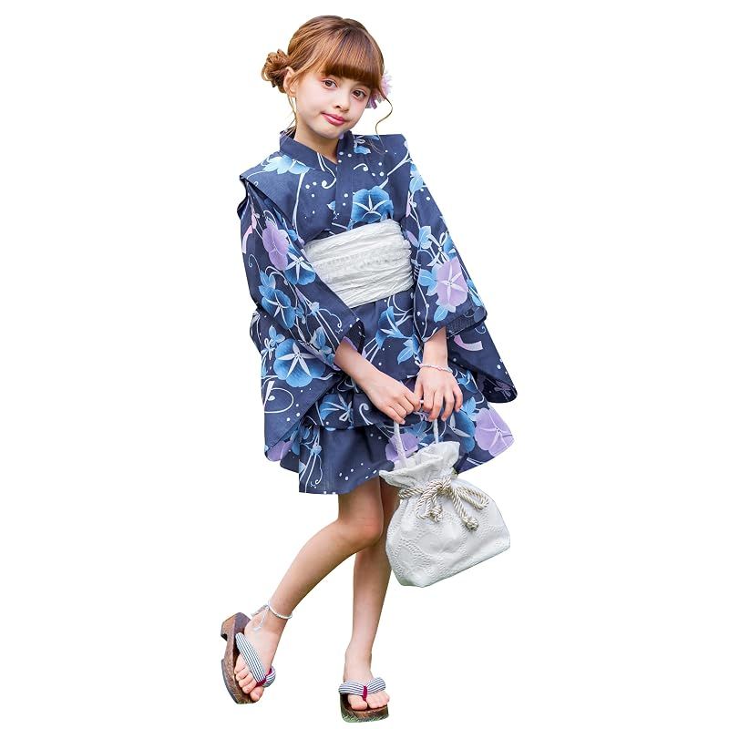 [アリサナ] 浴衣 こども 女の子 セパレート 子供 (上衣・スカート・兵児帯の3点セット) 朝顔ネイビー 140cm