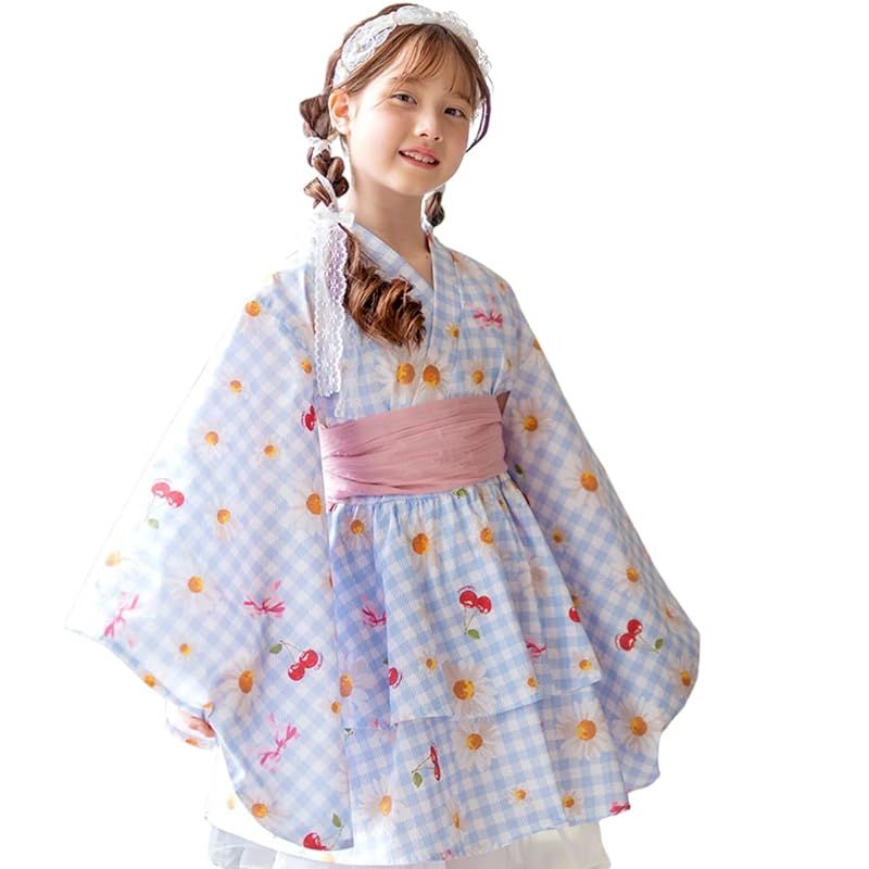 [キャサリンコテージ]キッズ 女の子 ファスナーで楽々！着崩れしないワンピース浴衣ドレス CC0971 140cm フラワーギンガムブルー[23]