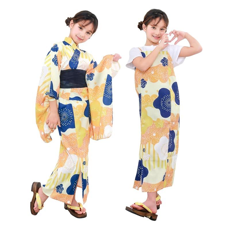 [KYOETSU] [キョウエツ] 浴衣セット 浴衣 ワンピース 女の子 3点セット(浴衣、兵児帯、下駄) ジュニア ガールズ (フ?ラムト?ロッフ?ス, 150)