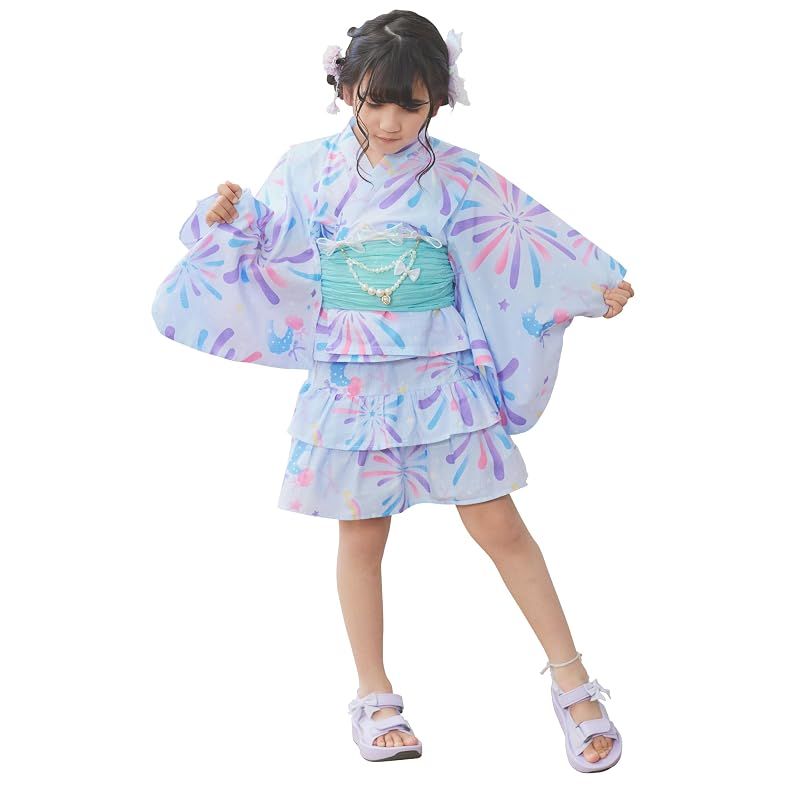 [アリサナ] 浴衣 こども 女の子 セパレート 子供 (上衣・スカート・兵児帯の3点セット) 花火ブルー 110cm