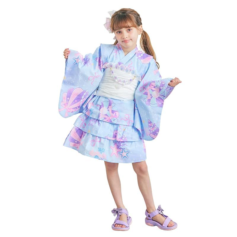 [アリサナ] 浴衣 こども 女の子 セパレート 子供 (上衣・スカート・兵児帯の3点セット) 貝がらブルー 120cm