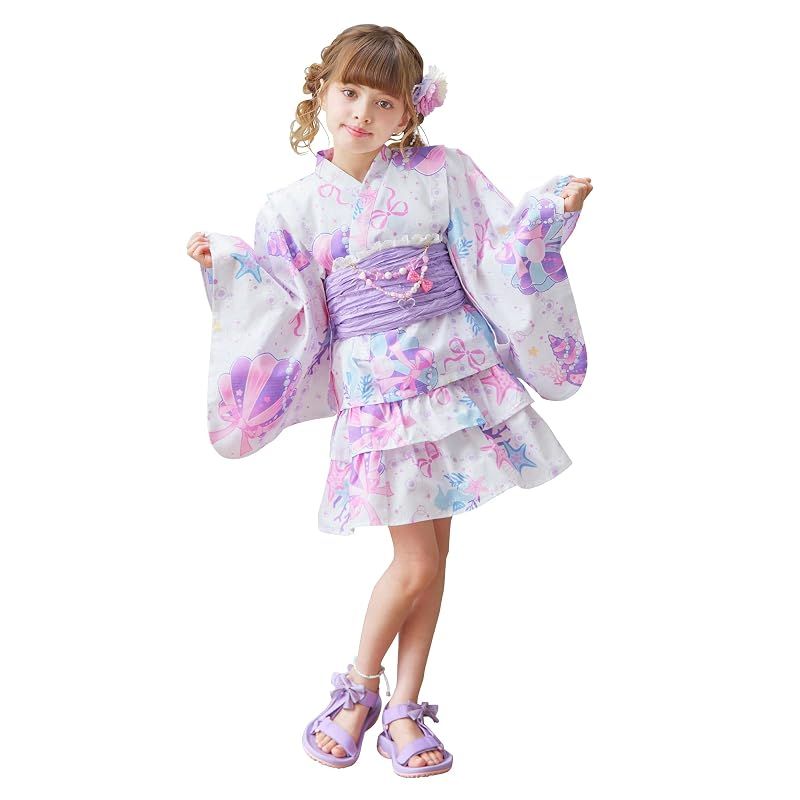[アリサナ] 浴衣 こども 女の子 セパレート 子供 (上衣・スカート・兵児帯の3点セット) 貝がらホワイト 140cm