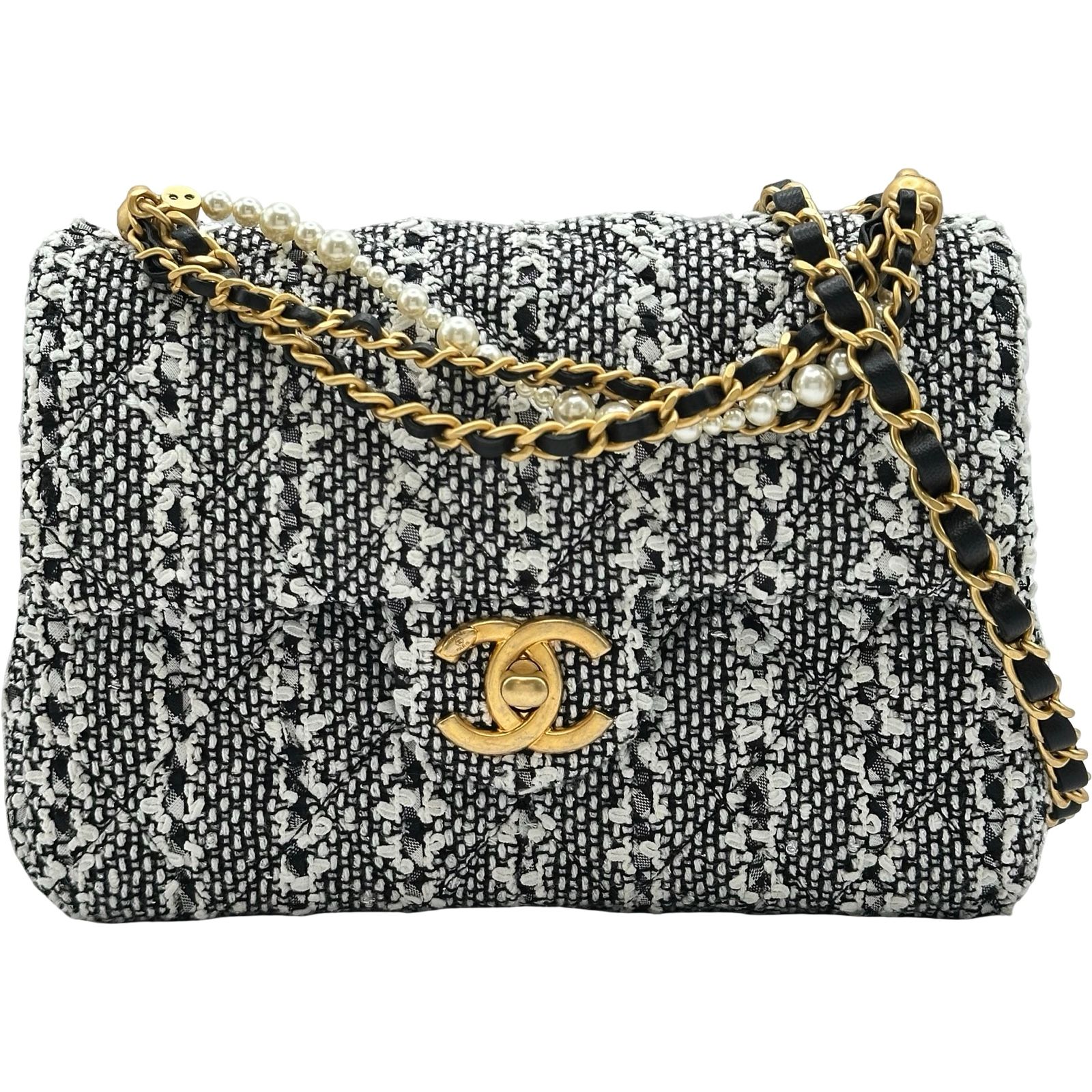 シャネル CHANEL マトラッセパールチェーンショルダーバッグ AS4384 ブラック/ホワイト ゴールド金具 ツイード レディース ショルダーバッグ