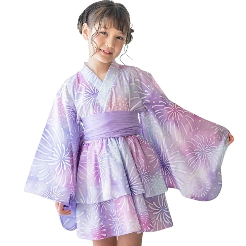 [キャサリンコテージ]キッズ 女の子 ファスナーで楽々！着崩れしないワンピース浴衣ドレス CC0971 140cm 水彩花火・紫帯[17] TAK