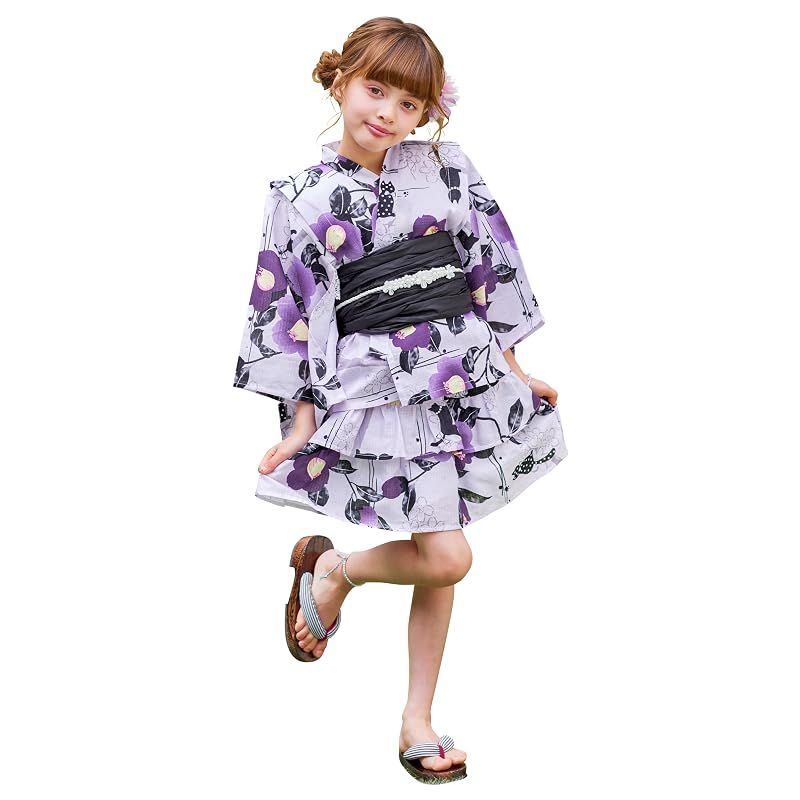 [アリサナ] 浴衣 こども 女の子 セパレート 子供 (上衣・スカート・兵児帯の3点セット) ツバキ猫ラベンダー 140cm