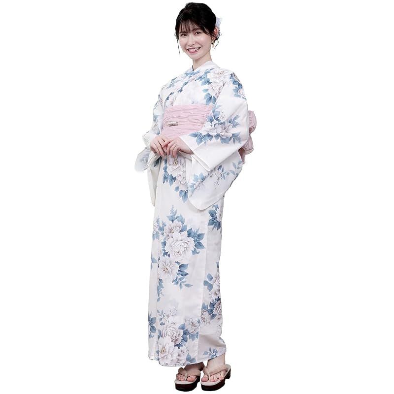 【新品】 [京都きもの友禅] 浴衣 レディース 2点セット (綿100% 浴衣・兵児帯) 夏祭り 花火大会 フリーサイズ ゆかた モダン 夏 着物 女性 アイボリー(牡丹)