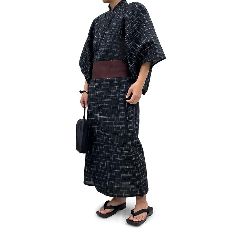 【新品】 [京都きもの友禅] メンズ 浴衣 2点セット しじら織 黒 ワンタッチ角帯 男性用 着物 (ブラック, L) 7,982円