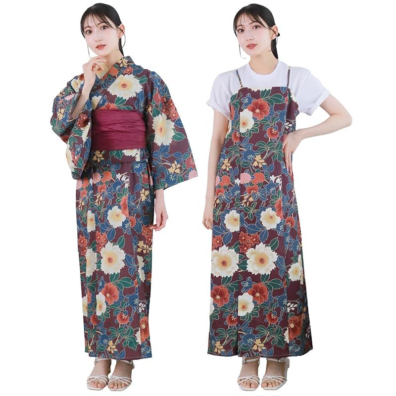 【新品】 [KYOETSU] [キョウエツ] 浴衣セット 変わり織 生成り ワンピース 2点セット(浴衣、兵児帯) レディース A (紅紫に秋草, フリーサイズ)