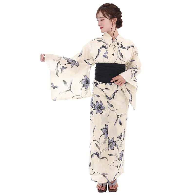 【新品】 [KYOETSU] [キョウエツ] 浴衣セット 変わり織 生成り 二部式 3点セット(浴衣、兵児帯、下駄) レディース AB (フリーサイズ, 11.黒揚羽の幻想しらべ)