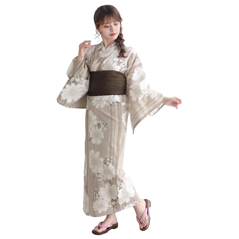 【新品】 [KYOETSU] [キョウエツ] 浴衣セット 変わり織 生成り 二部式 4点セット(浴衣、兵児帯、肌着、下駄) レディース AB (フリーサイズ, 16.黄昏の蜃気楼)