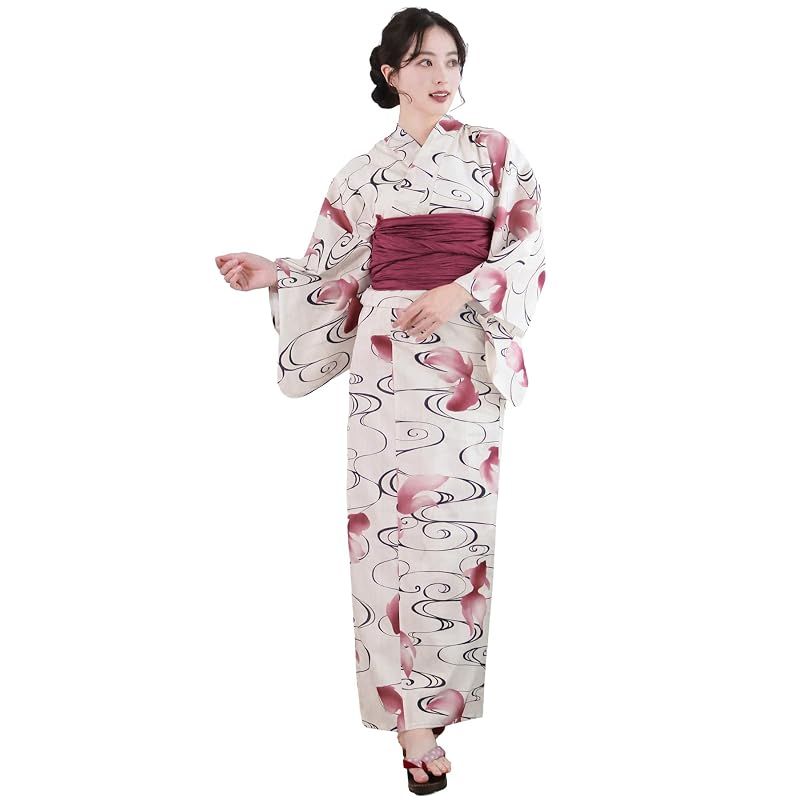 【新品】 [KYOETSU] [キョウエツ] 浴衣セット 変わり織 生成り 2点セット(浴衣、兵児帯) レディース A (流水に金魚, Free Size)