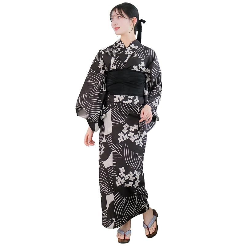 【新品】 [KYOETSU] [キョウエツ] 浴衣セット 変わり織 生成り 6点セット(浴衣、兵児帯、肌着、下駄、腰紐) レディース A (墨絵花影, フリーサイズ)