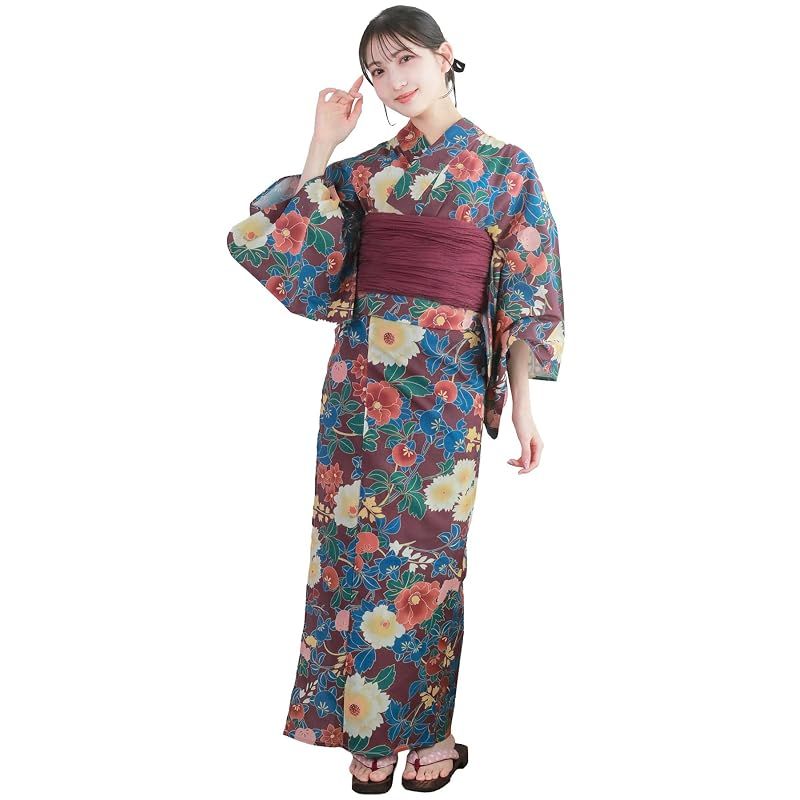 【新品】 [KYOETSU] [キョウエツ] 浴衣セット 変わり織 生成り 6点セット(浴衣、兵児帯、肌着、下駄、腰紐) レディース A (紅紫に秋草, フリーサイズ)