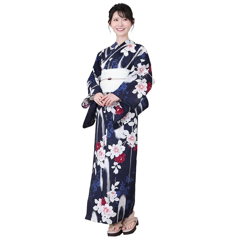 【新品】 [京都きもの友禅] 浴衣 レディース 2点セット (綿100% 浴衣・兵児帯) 夏祭り 花火大会 ネイビー 花柄 ゆり フリーサイズ ゆかた 夏 着物 女性
