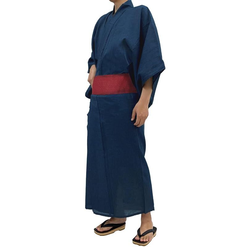 【新品】 [京都きもの友禅] 浴衣 メンズ セット 2点 青 しじら織 綿 ワンタッチ 角帯 男性用 着物 ブルー(縦縞) M