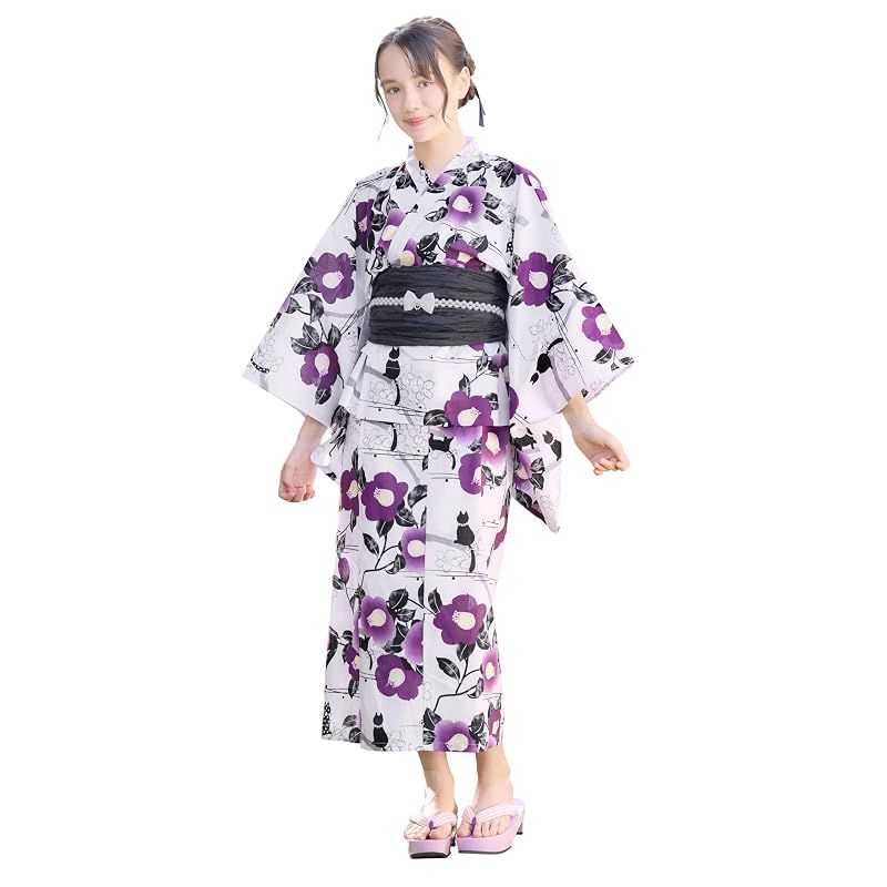 【新品】 [アリサナ] 浴衣 ２Way こども 女の子 セパレート 子供 120 130 140 150 160 (上衣・ワンピース・兵児帯の3点セット) ツバキ猫ラベンダー 150cm