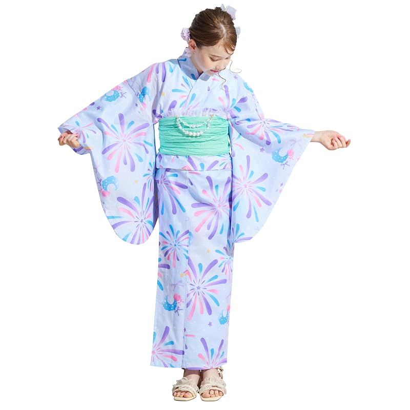 【新品】 [アリサナ] 浴衣 こども 女の子 子供 (浴衣+腰紐+帯の4点セット) 花火ブルー 140cm