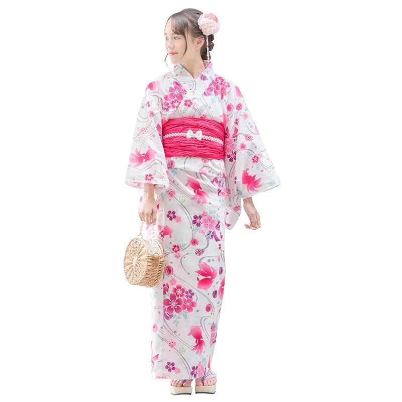 【新品】 [アリサナ] 浴衣 こども 女の子 子供 (浴衣+腰紐+帯の4点セット) 金魚ホワイト 140cm