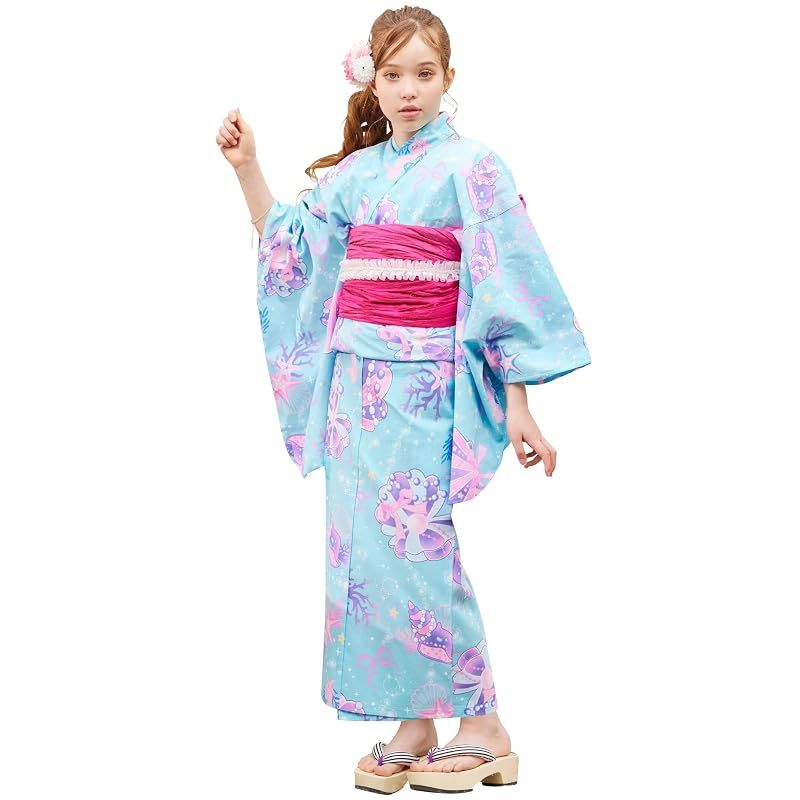【新品】 [アリサナ] 浴衣 こども 女の子 子供 (浴衣+腰紐+帯の4点セット) 貝がらミント 140cm