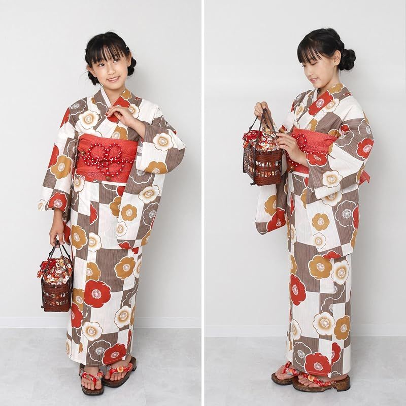 【新品】 [Fuuka] フウカ 浴衣 子供 女の子 キッズ セット 2点 帯 130cm 市松 椿 茶 白 黄色 (兵児帯/日本製/レッド) 01-130-B115