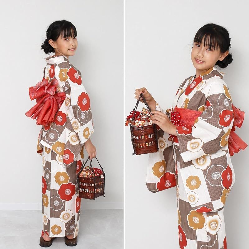【新品】 [Fuuka] フウカ 浴衣 子供 女の子 キッズ セット 2点 帯 130cm 市松 椿 茶 白 黄色 (兵児帯/日本製/レッド) 01-130-B115