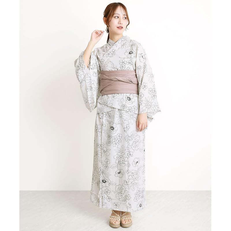 【新品】 [ON NISHIKI] 浴衣 レディース セパレート (ワンピース＋上衣＋帯) 3点セット 簡単着付け 吸水速乾 CoolPass素材 2WAY 二部式 兵児帯 大人用 フリーサイズ (ﾎﾜｲﾄにｱﾈﾓﾈ-1A/kww001)