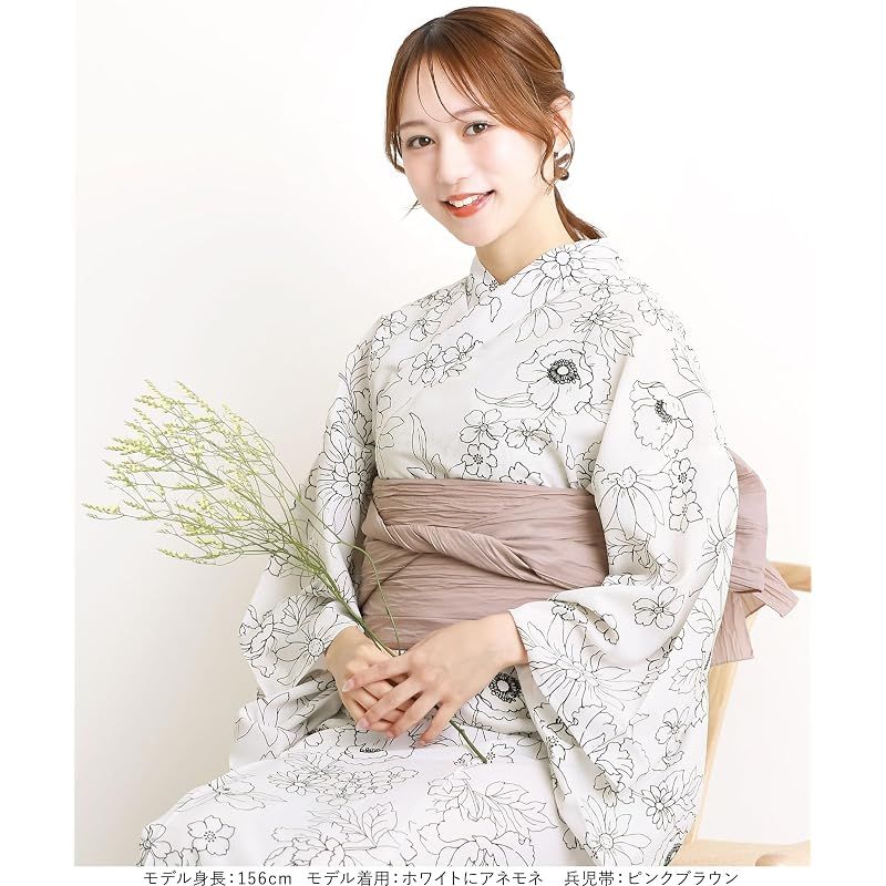 【新品】 [ON NISHIKI] 浴衣 レディース セパレート (ワンピース＋上衣＋帯) 3点セット 簡単着付け 吸水速乾 CoolPass素材 2WAY 二部式 兵児帯 大人用 フリーサイズ (ﾎﾜｲﾄにｱﾈﾓﾈ-1A/kww001)