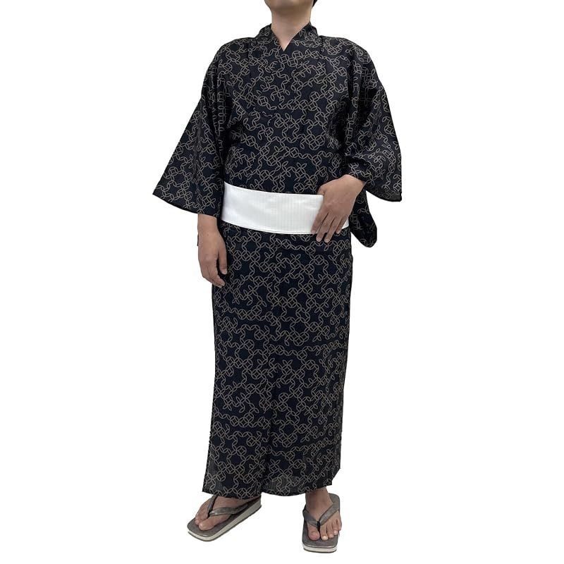 【新品】 [京都きもの友禅] 浴衣 メンズ セット 2点 綿 角帯 男性用 着物 滝流れ七宝 黒 (ブラック, M)