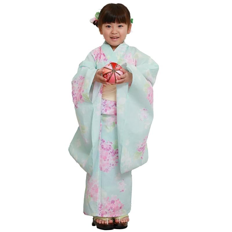 【新品】 [京都きもの友禅] 浴衣 女の子 2点セット 兵児帯 子供 キッズ 着物 紺 (水色(紫陽花) 140cm)