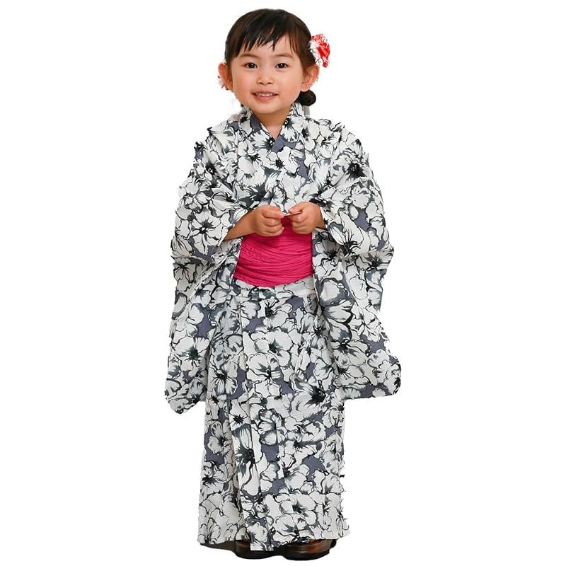 【新品】 [京都きもの友禅] 浴衣 女の子 2点セット 兵児帯 子供 キッズ くすみカラー 花柄 (グレー 130cm)