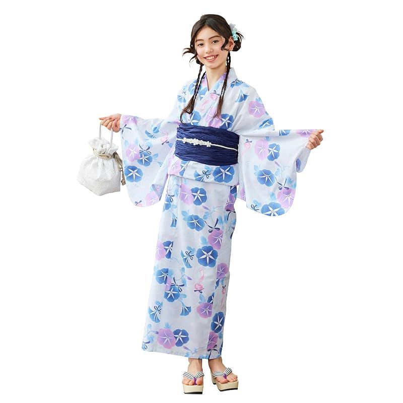 【新品】 [アリサナ] 浴衣 こども 女の子 子供 (浴衣+腰紐+帯の4点セット) 朝顔ブルー 140cm