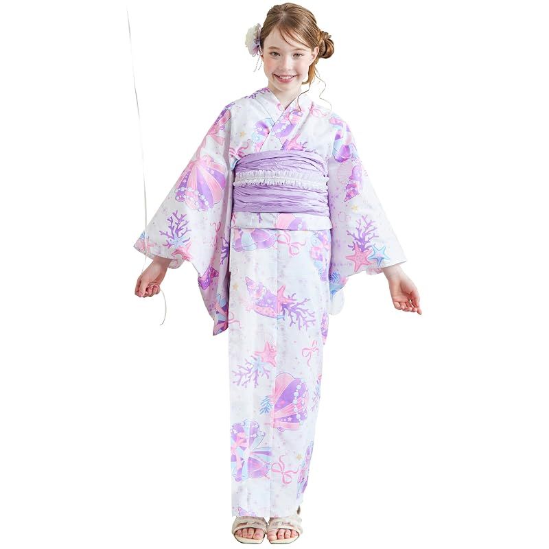【新品】 [アリサナ] 浴衣 こども 女の子 子供 (浴衣+腰紐+帯の4点セット) 貝がらホワイト 160cm