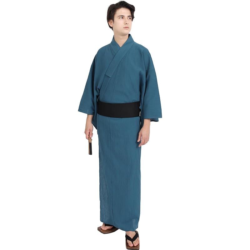 【新品】 [Fuuka] 浴衣 ワンタッチ角帯 3点 セット 楊柳 綿 メンズ 紳士 Lサイズ ブルー (ワンタッチ角帯/腰紐/黒)Z3802L