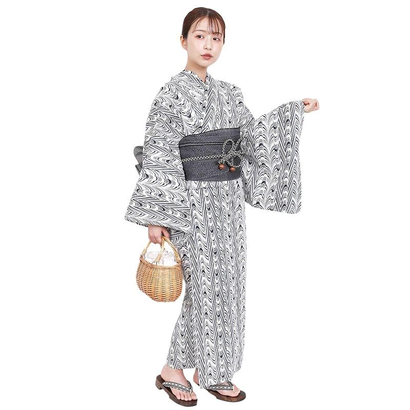 【新品】 [Fuuka] 風香 浴衣 2点 セット レディース フリーサイズ 縞波流水 白黒 (兵児帯/日本製/ブラック) X4021AB256 6,709円