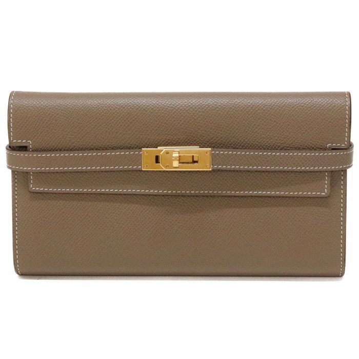 【Aランク】 エルメス HERMES ケリーウォレット エプソン (レザー) GD金具 C刻印 (2018年) 長財布 かぶせ蓋 ロングウォレット クラッチ メンズ レディース エトゥープ (グレージュ) 正規品 美品 中古 mca29010