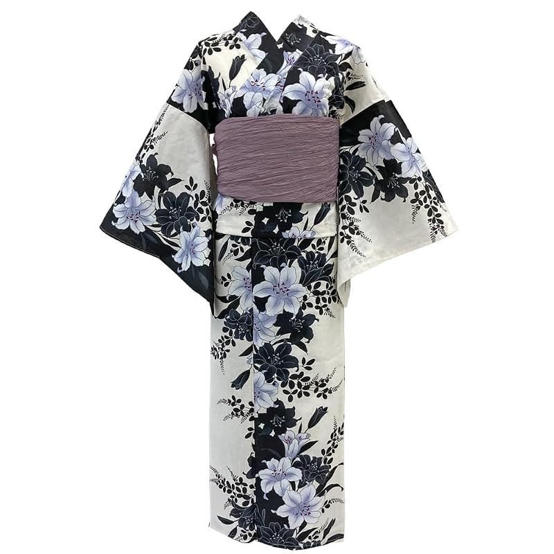 【新品】 [京都きもの友禅] 浴衣 兵児帯 2点セット モノトーン ゆり 花柄 白 黒 モダン レトロ ゆかた