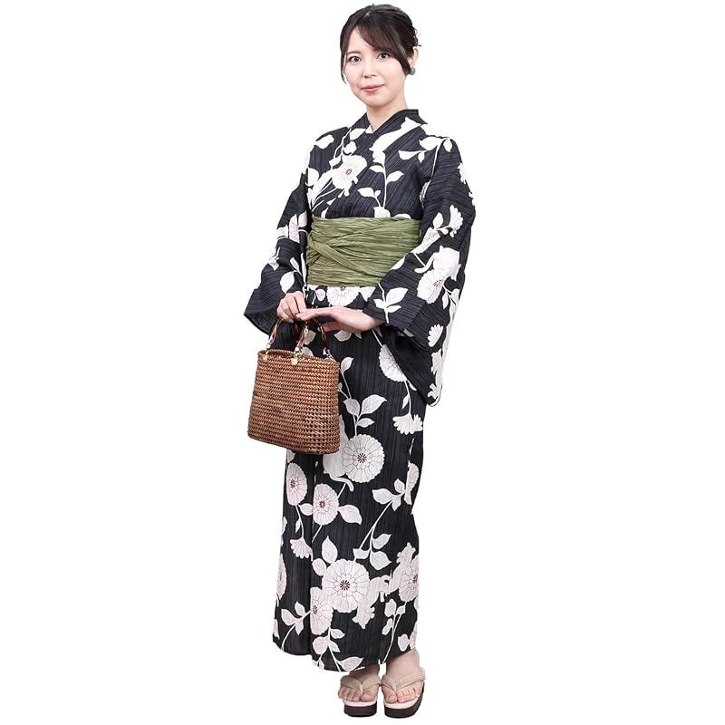 【新品】 [京都きもの友禅] 浴衣 レディース 2点セット (綿100% 浴衣・兵児帯) 夏祭り 花火大会 フリーサイズ ゆかた モダン 夏 着物 女性 ブラック(菊)