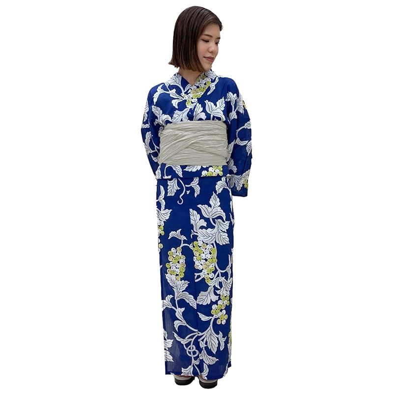 【新品】 [京都きもの友禅] 浴衣 レディース 兵児帯 2点セット 花柄 ゆかた 紺 着物 (ネイビー(葡萄))