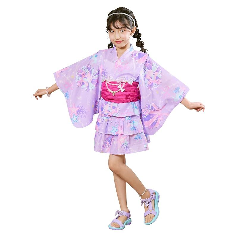 【新品】 [アリサナ] 浴衣 こども 女の子 セパレート 子供 (上衣・スカート・兵児帯の3点セット) 貝がらラベンダー 140cm
