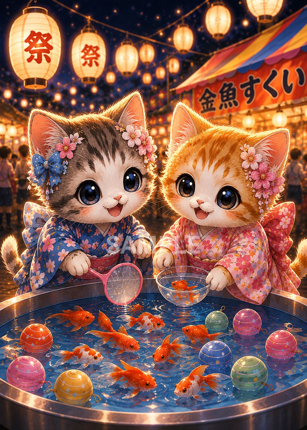 678 夏祭りの子猫 アートプリント 2Lサイズ｜金魚すくい・浴衣・縁日