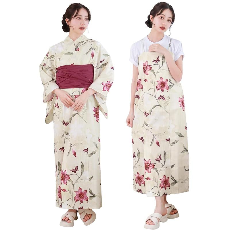 【新品】 [KYOETSU] [キョウエツ] 浴衣セット 変わり織 生成り ワンピース 2点セット(浴衣、兵児帯) レディース A (緋百合の蝶あそび, フリーサイズ)