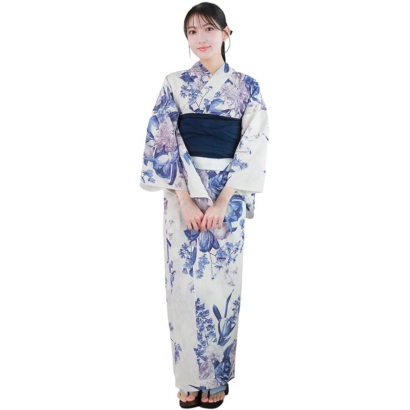 【新品】 [キョウエツ] 浴衣セット 変わり織 生成り 2点セット(浴衣、兵児帯) レディース A (フローズンブーケ, Free Size)