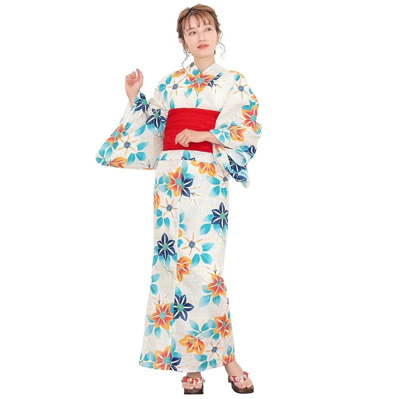 【新品】 [KYOETSU] [キョウエツ] 浴衣セット 変わり織 6点セット(浴衣、兵児帯、肌着、下駄、腰紐×2) レトロ C レディース (8.初夏のひるなか)